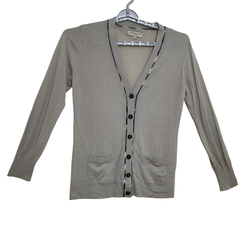 Burberry London Cardigan Women L Beige Excellence Wool Nova Check Trim V-Neck
